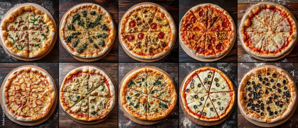 Fototapeta premium A collage of different types and flavors of pizza. crisp crusts, one filled with mozzarella cheese, another topped with green salad leaves, and fresh vegetables and meat.