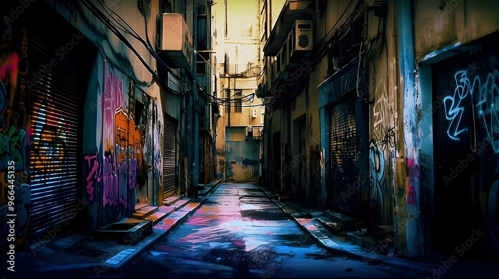 Fototapeta premium Verlassene Gasse mit Graffiti in urbaner Nachtstimmung - Ai-Ki generiert