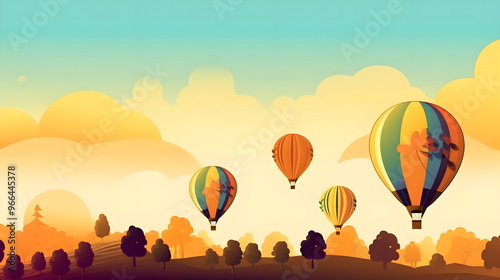 Bunte Heißluftballons über einer herbstlichen Landschaft im Illustrationsstil - Ai-Ki generiert photo