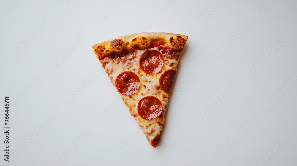 A single slice of pepperoni pizza on a white background. Cheese is still steaming and stretched with grease visible on pepperonis. A single slice of pepperoni pizza on a white background. Cheese is still steaming and stretched with grease visible on pepperonis.