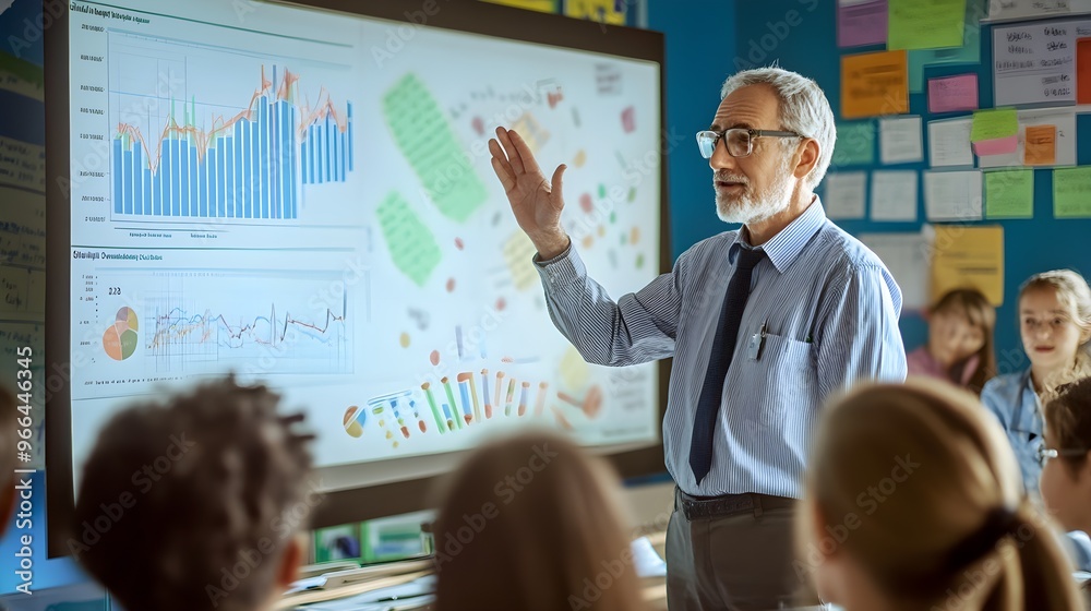 © PSCL RDL - Economy lesson. Experienced professor delivering lecture to classroom of attentive students, using data charts and graphs projected on screen to illustrate key