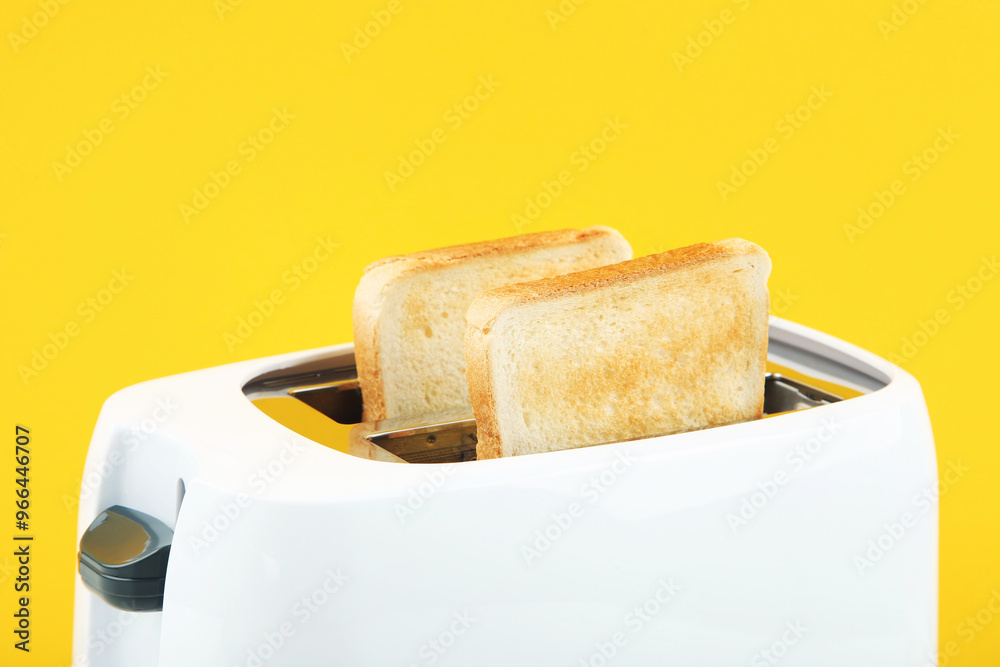 Modern toaster with toast bread on yellow background