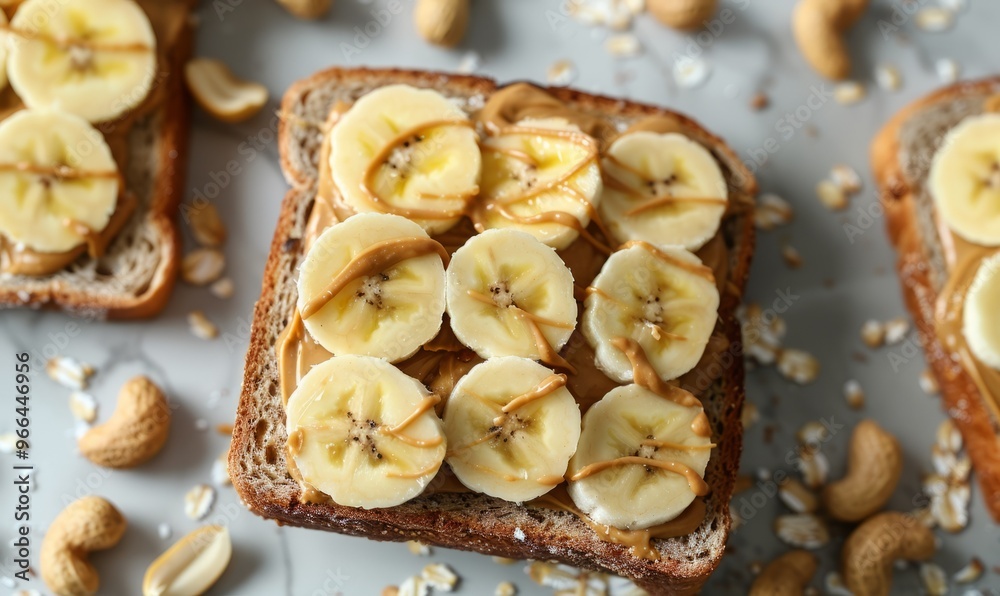Overhead view of peanut butter and banana toast Overhead view of peanut butter and banana toast