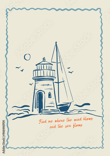 Vector linear yacht, lighthouse and birds poster. Hand-drawn vintage poster with handwritten font and sea wave isolated on beige background. For design, print, interior or background.