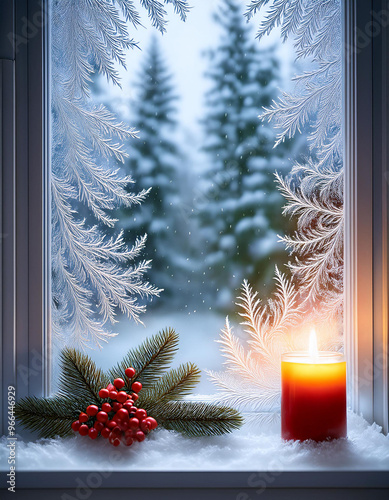 Single lit candle sits on a snow covered window sill with frost covered pine trees in the background