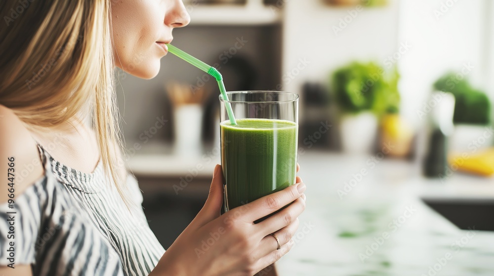 Slender young woman with long blond hair enjoys a refreshing green smoothie from a glass with a straw for health and wellness Slender young woman with long blond hair enjoys a refreshing green smoothie from a glass with a straw for health and wellness