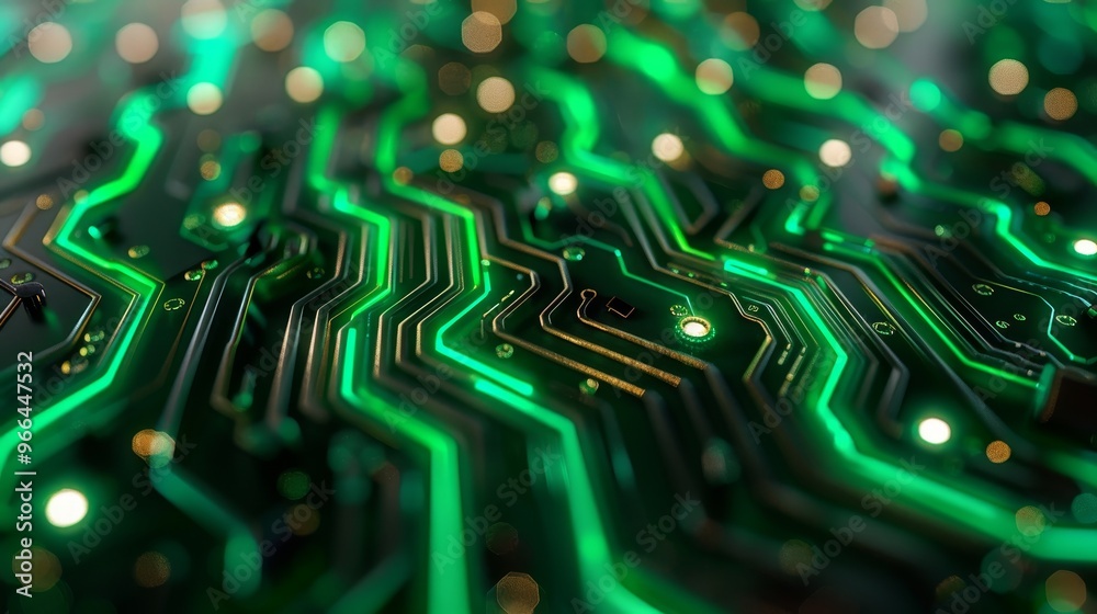 Close up of a futuristic circuit board with luminous green paths symbolizing advanced technology Close up of a futuristic circuit board with luminous green paths symbolizing advanced technology