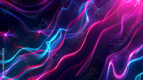 Glowing neon lines: Bright 3D elements in the form of glowing lines and shapes that create a futuristic effect.