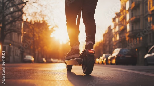 Close-up of a person riding an e-scooter on a city street with the warm glow of sunset