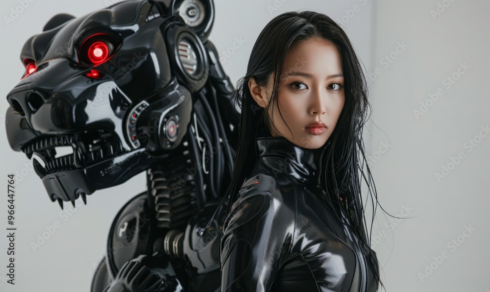 Naklejka premium An attractive woman in a black latex suit standing next to her robotic lioness with glowing red eyes