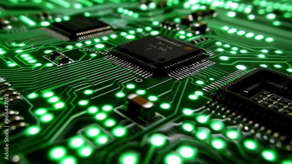 Obraz premium Close up of a futuristic circuit board with glowing green elements showcasing advanced technology