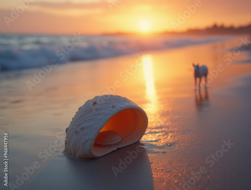 Sonnenuntergang am Strand mit Muschel und Spielzeugpferd photo