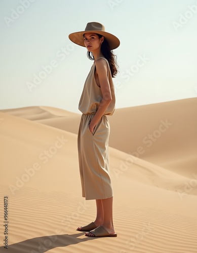 Fashion model in earthtoned jumpsuit  widebrimmed hat standing confidently in vast desert photo