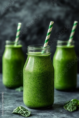 Refreshing green smoothies in glass jars with striped straws on a dark background