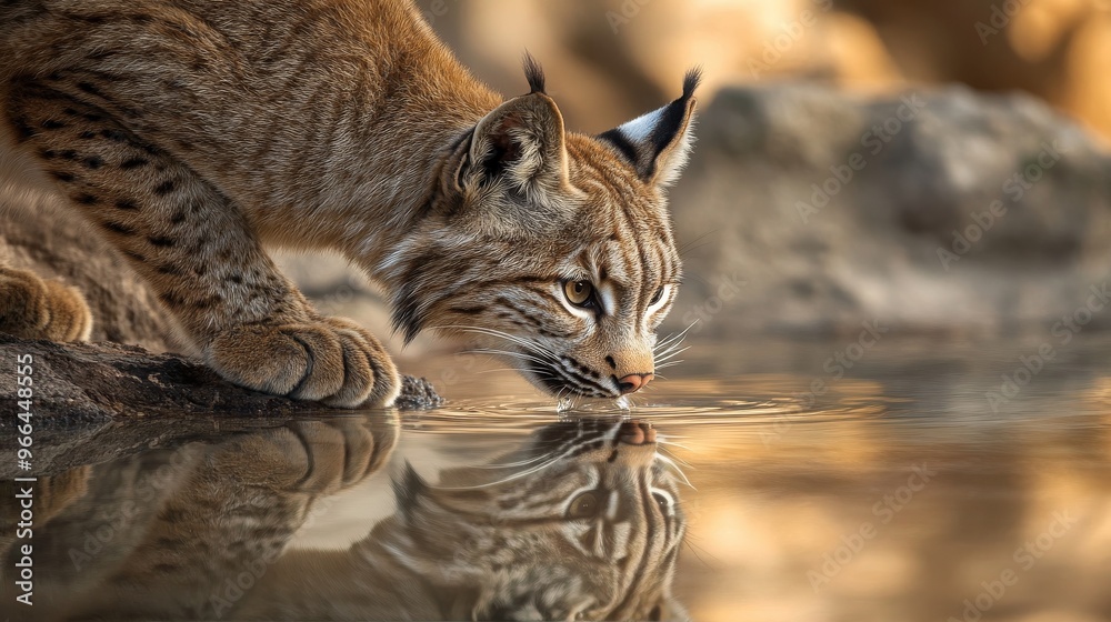 Fototapeta premium A lynx drinks from a peaceful water source at sunset in a serene natural setting