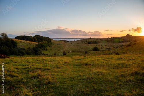 Scenic landscape at Glumslövs Backar / Hilleshögs Dalar nature reserve in Sweden at sunset.