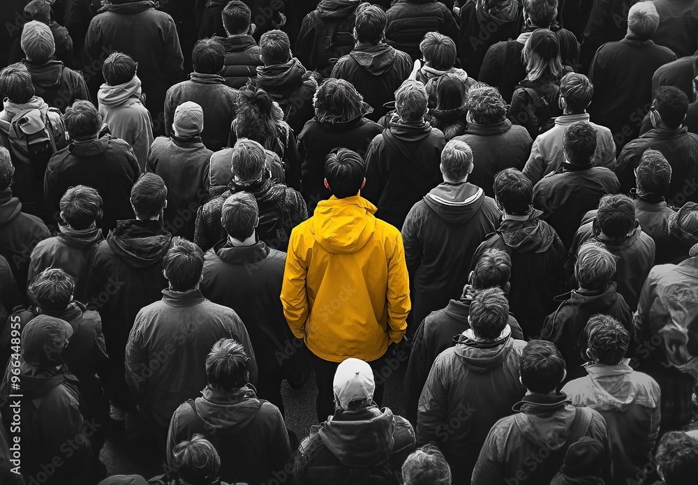 Obraz premium Person in full bright colour and saturiattion standing among a crowd of people in black and white