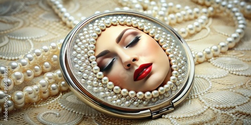 Luxurious, pearl-encrusted compact mirror reflecting a beautifully made-up face, complete with luscious lashes, flawless skin, and vibrant red lips, against a soft, delicate lace background. photo