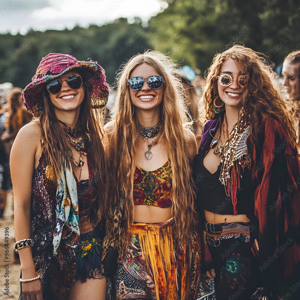 Group of friends dressed in Boho fashion at a music festival - Community and style Group of friends dressed in Boho fashion at a music festival - Community and style
