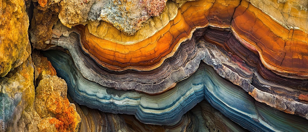 Mesmerizing close-up of multicolored sedimentary layers showcasing millions of years of Earth's history with intricate textures and organic shapes Mesmerizing close-up of multicolored sedimentary layers showcasing millions of years of Earth's history with intricate textures and organic shapes