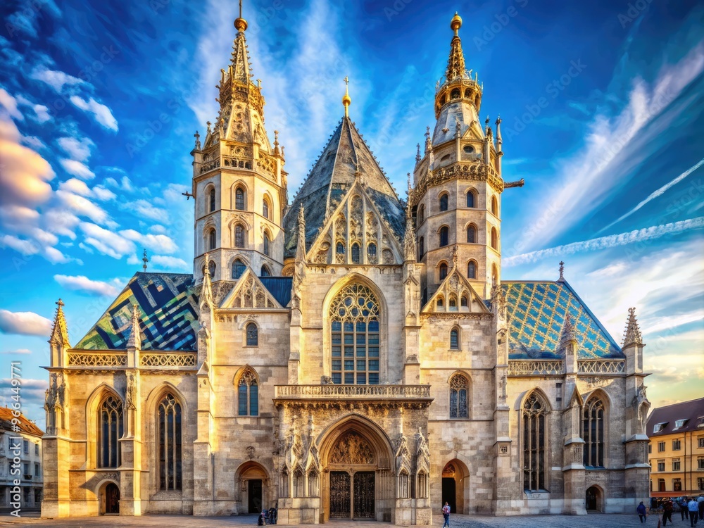 Naklejka premium Magnificent ornate Baroque and Gothic-style cathedral in Vienna, Austria, featuring intricate stone carvings, stunning stained-glass windows, and majestic South Tower against a clear blue sky.