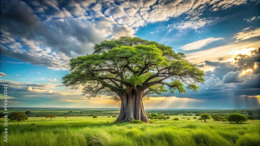 Majestic baobab tree stands tall in African savannah landscape, its thick gray trunk and branches stretching towards sky, surrounded by lush green grasslands and sunny blue horizon. Majestic baobab tree stands tall in African savannah landscape, its thick gray trunk and branches stretching towards sky, surrounded by lush green grasslands and sunny blue horizon.