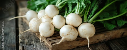 Fresh turnips on rustic wooden table, organic produce concept