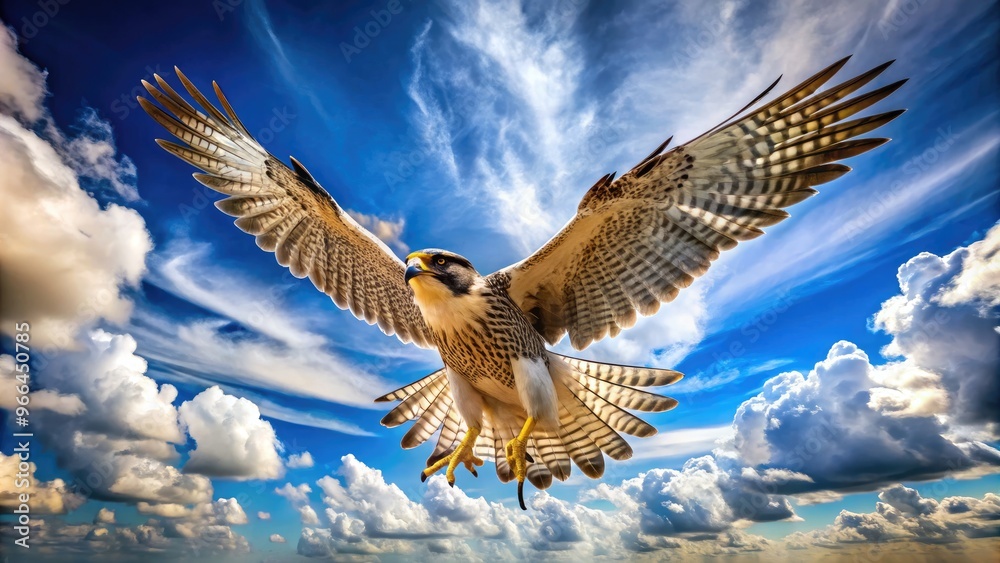 Majestic falcon in mid-flight, talons extended, wings spread wide, soaring high against a clear blue sky with wispy white clouds in the background. Majestic falcon in mid-flight, talons extended, wings spread wide, soaring high against a clear blue sky with wispy white clouds in the background.