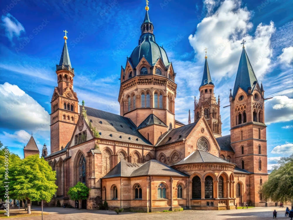 Majestic Gothic cathedral exterior with intricate stone carvings, stunning stained-glass windows, and towering spires against a serene blue sky in Mainz, Germany. Majestic Gothic cathedral exterior with intricate stone carvings, stunning stained-glass windows, and towering spires against a serene blue sky in Mainz, Germany.
