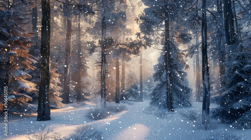 Winter Forest: A serene winter forest scene with tall pine trees covered in snow, soft light filtering through the branches, and a hint of twinkling stars.