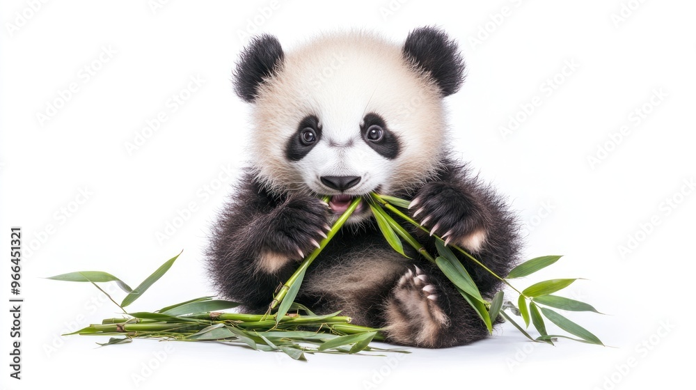 Naklejka premium Adorable Panda Cub Enjoying Bamboo