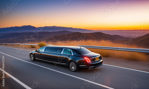 A black limousine drives down a highway during a golden sunset