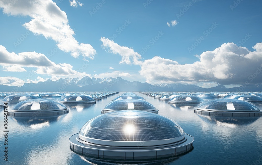 A futuristic landscape featuring dome-shaped structures on water, reflecting sunlight under a clear sky and mountains. A futuristic landscape featuring dome-shaped structures on water, reflecting sunlight under a clear sky and mountains.