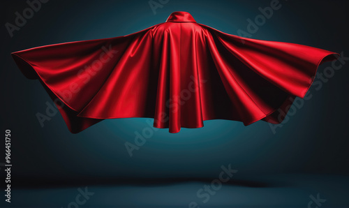 A red cape floats in the air against a dark blue background