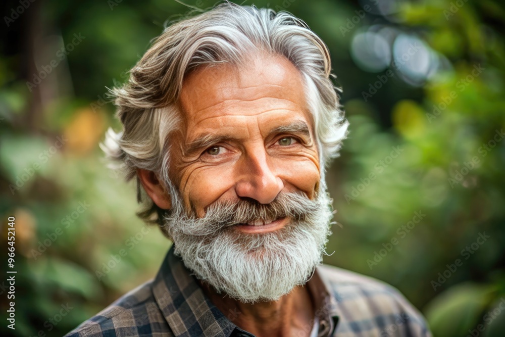 Mature adult male with distinctive grey hair and flecked beard, wearing a warm smile, exudes wisdom, kindness, and a sense of gentle authority in a natural setting. Mature adult male with distinctive grey hair and flecked beard, wearing a warm smile, exudes wisdom, kindness, and a sense of gentle authority in a natural setting.