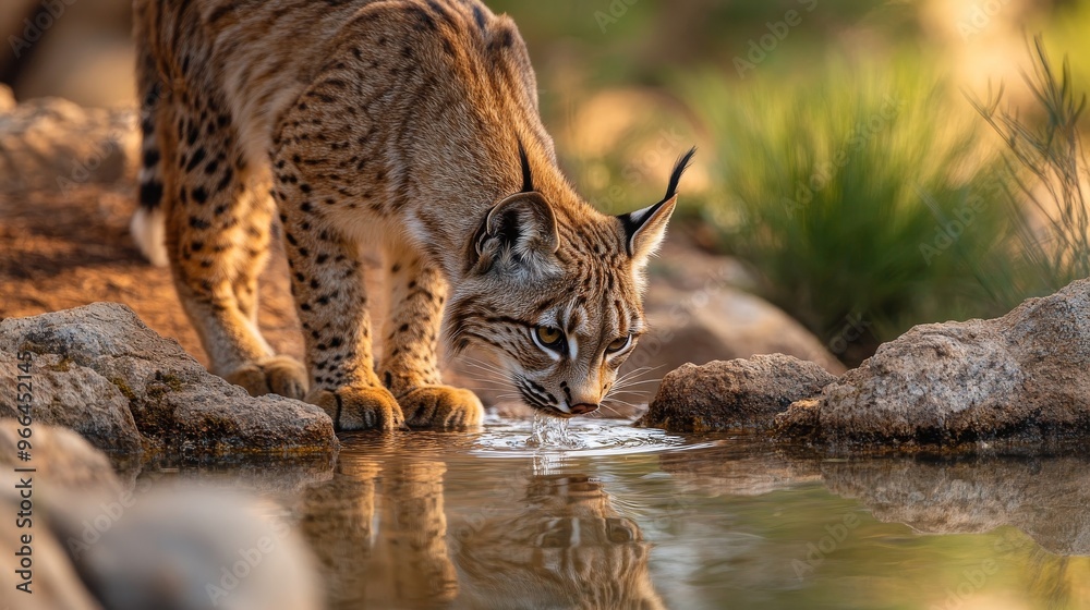 Obraz premium A lynx drinks from a peaceful water source at sunset in a serene natural setting