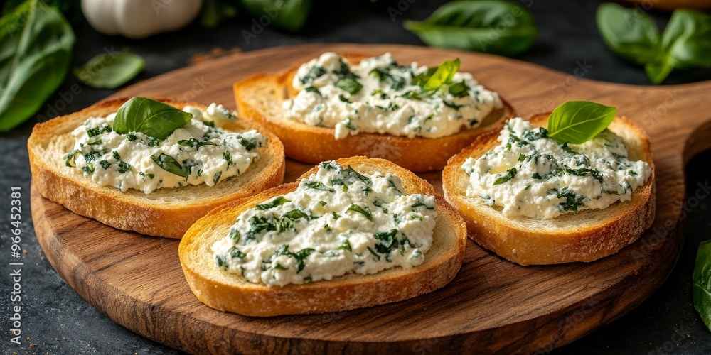 Delicious ricotta toast with fresh basil and olive oil served on a wooden board Delicious ricotta toast with fresh basil and olive oil served on a wooden board