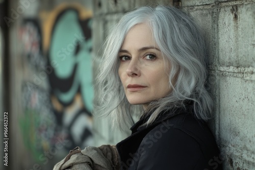 Woman with grey hair standing by a graffiti wall, looking into the camera