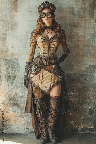 A woman in steampunk attire poses against a textured wall.