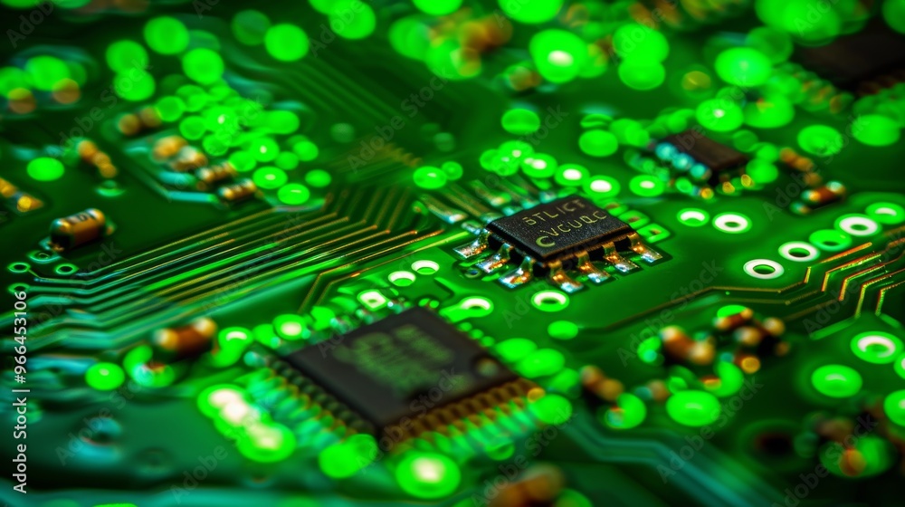 Fototapeta premium Close up of advanced circuit board with glowing green circuits symbolizing future technology design