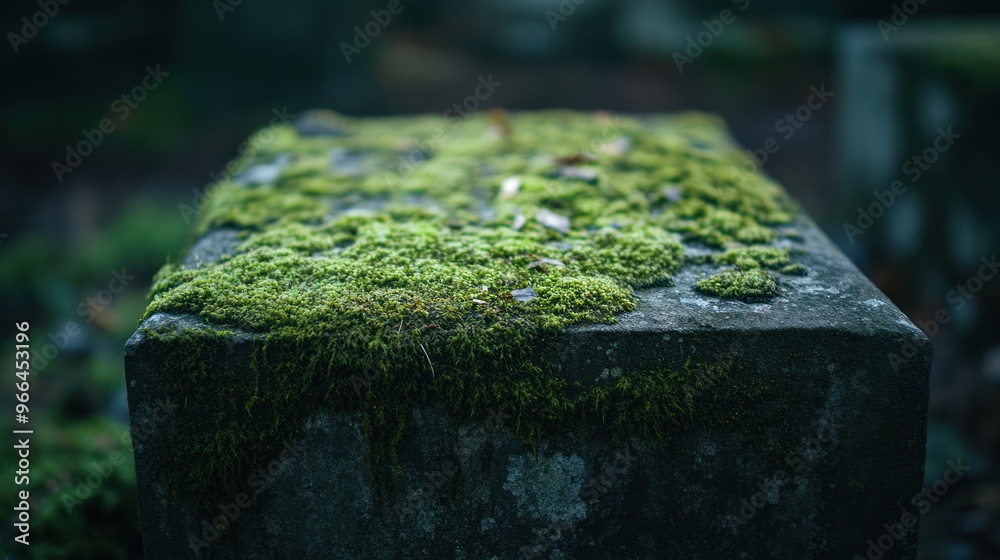 A moss-covered stone surface in a serene, natural setting. A moss-covered stone surface in a serene, natural setting.