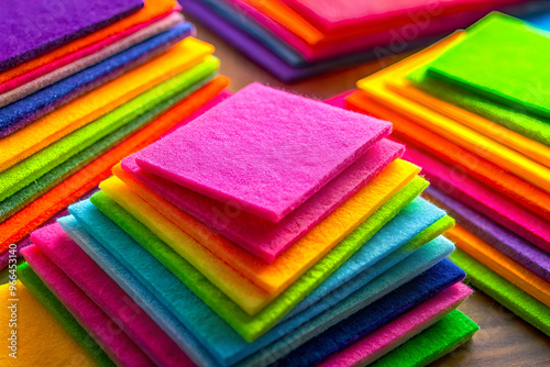 A stack of colorful squares of felt fabric. The colors are bright and vibrant, creating a cheerful and lively atmosphere