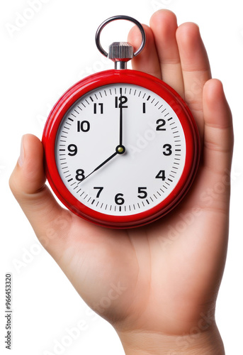 Holding stopwatch clock hand white background.