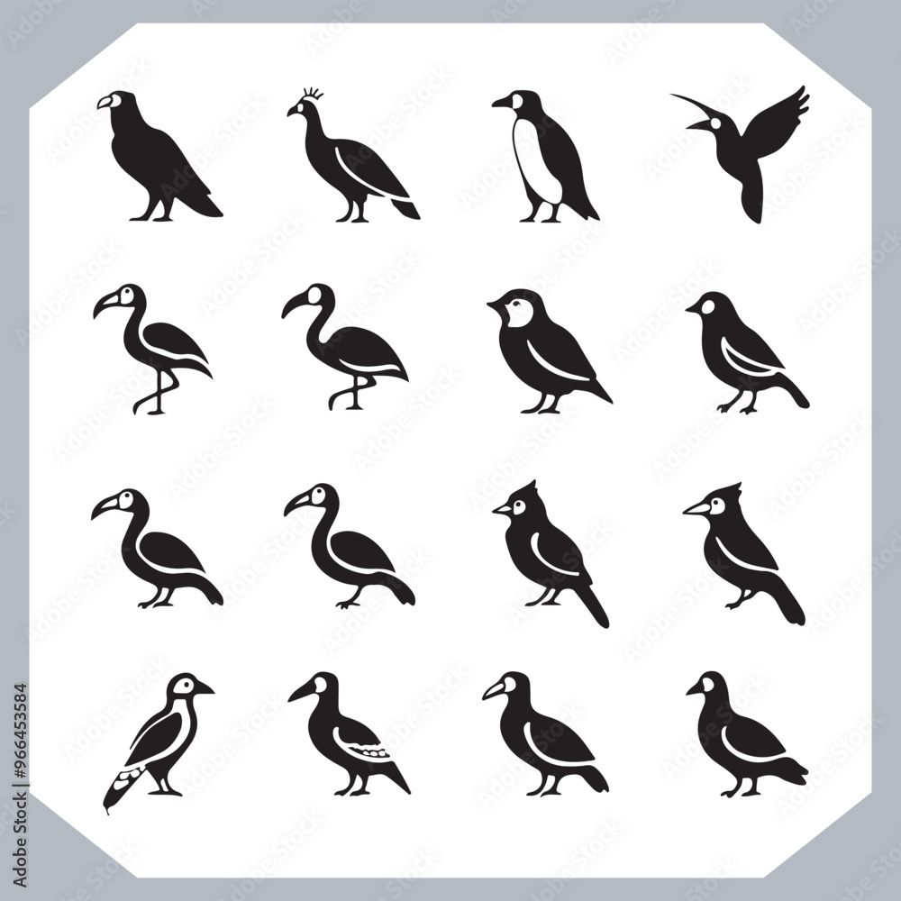 Obraz premium Set of black bird silhouettes and birds collection, bird set design. Eagle, Parrot, Penguin, Owl, Sparrow, Peacock, Flamingo, Hummingbird, Ostrich, Hawk.