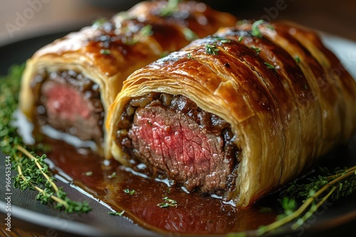 gourmet beef wellington crosssection golden puff pastry perfectly cooked tenderloin rich duxelles artistic plating photo