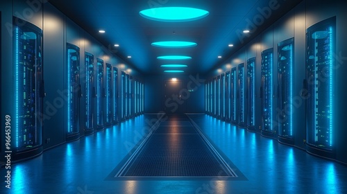 Secure server room with rows of blinking servers illuminated by blue lighting