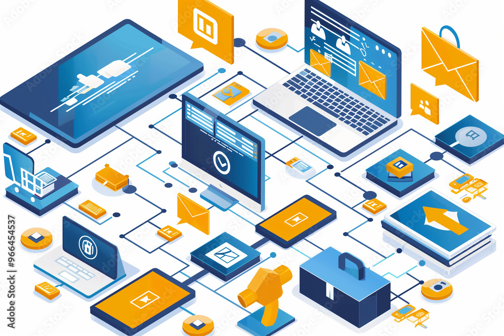 variety of devices, including computers, laptops, smartphones, and tablets, connected by lines representing data flow. The colorful design and isometric perspective variety of devices, including computers, laptops, smartphones, and tablets, connected by lines representing data flow. The colorful design and isometric perspective