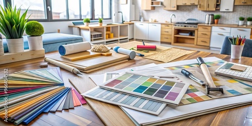 Modern interior design concept with blueprints, paint swatches, and tools scattered on a wooden table, surrounded by renovation ideas and decorative materials.