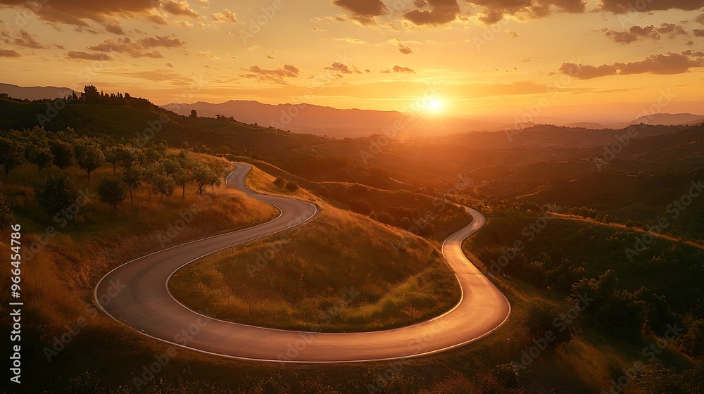 Fototapeta premium A summer sunset bathes a winding road in golden hues, winding through lush green hills.