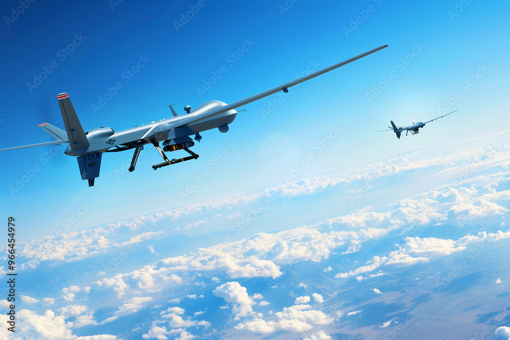 Naklejka premium A swarm of drones flying in the sky. Perfect for projects related to technology, surveillance, or futuristic warfare.